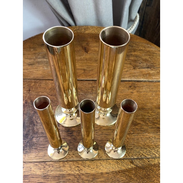 Tubular Candlesticks and Bud Vases in Brass, 1950s, Set of 5 For Sale - Image 11 of 15