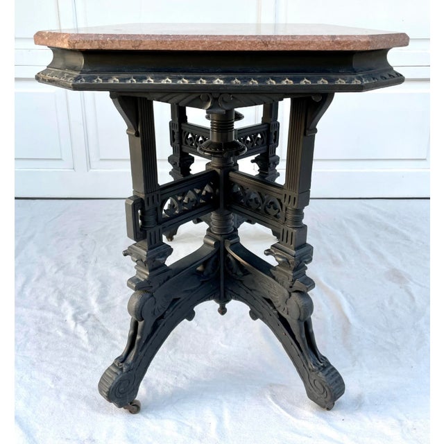 Antique Eastlake Pink Marble and Griffin Carved Rolling Table For Sale - Image 9 of 13