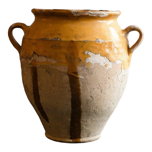 Antique French Confit Pot With Ochre Drip Glaze For Sale