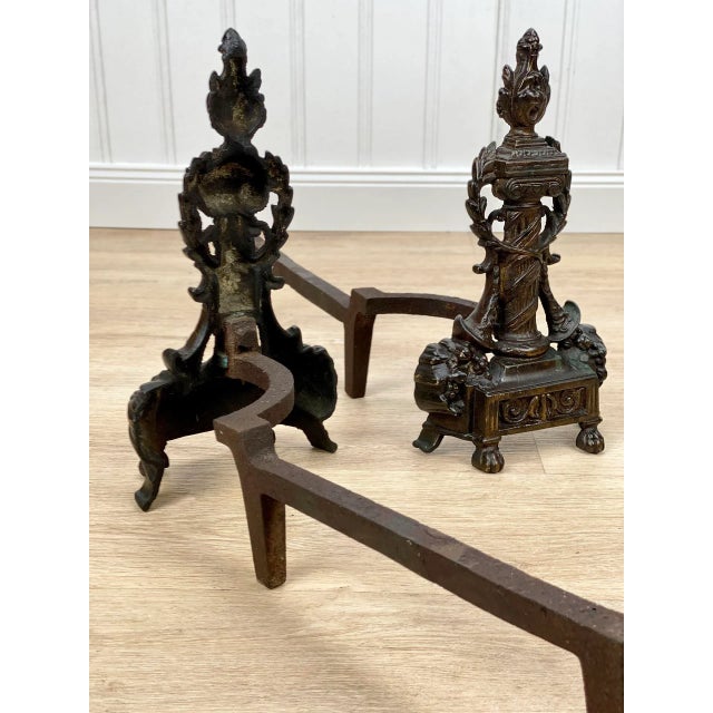 Metal Antique Rococo French Torch Bronze Fireplace Andirons - a Pair For Sale - Image 7 of 8