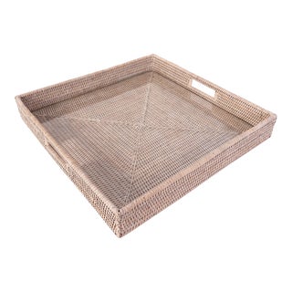 Artifacts Rattan Square Serving Ottoman Trays with Glass Insert in White, Large For Sale