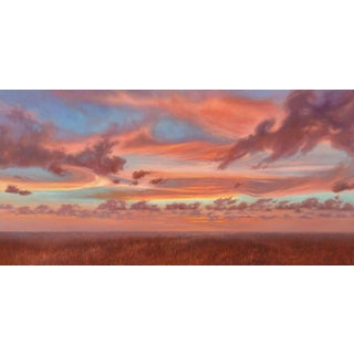 A Love From Above by Kirsten Savage | Oil on panel Sunset over a grassy landscape with clouds. For Sale
