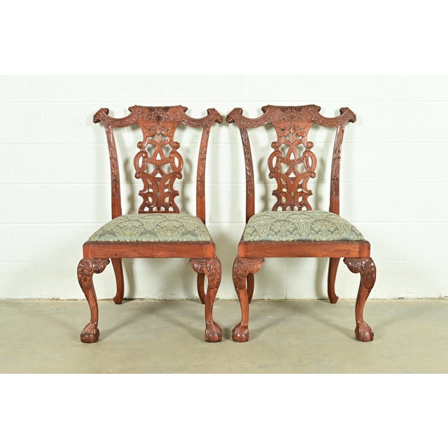 English Baker Furniture Style Chippendale Carved Mahogany Side Chairs or Dining Chairs, Pair For Sale - Image 3 of 13