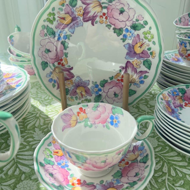 English Crown Staffordshire fine bone china // springtime floral hand-painted design // floral fine china // made in England // colorful palette For Sale - Image 3 of 10