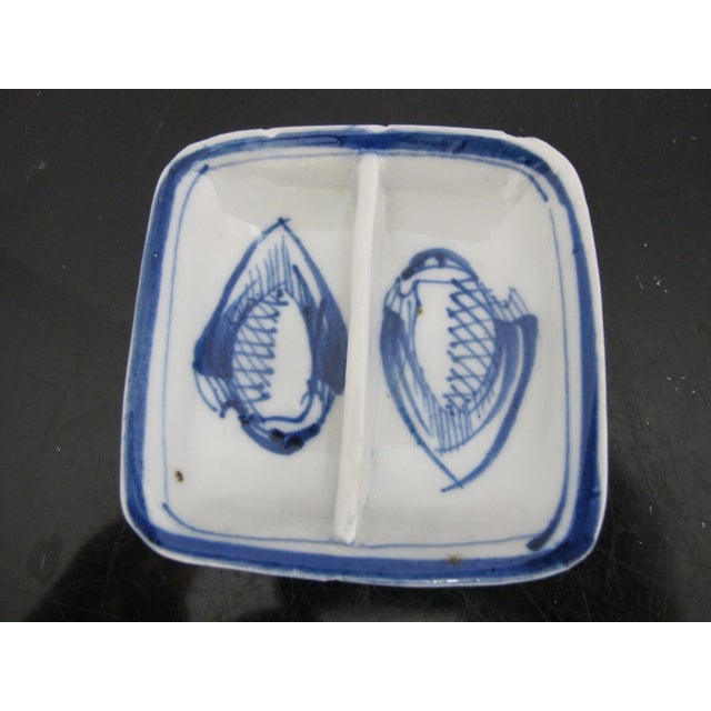 Set of 2 antique Chinese Export divided dishes for sushi condiments or sauces. White porcelain with blue detail under...