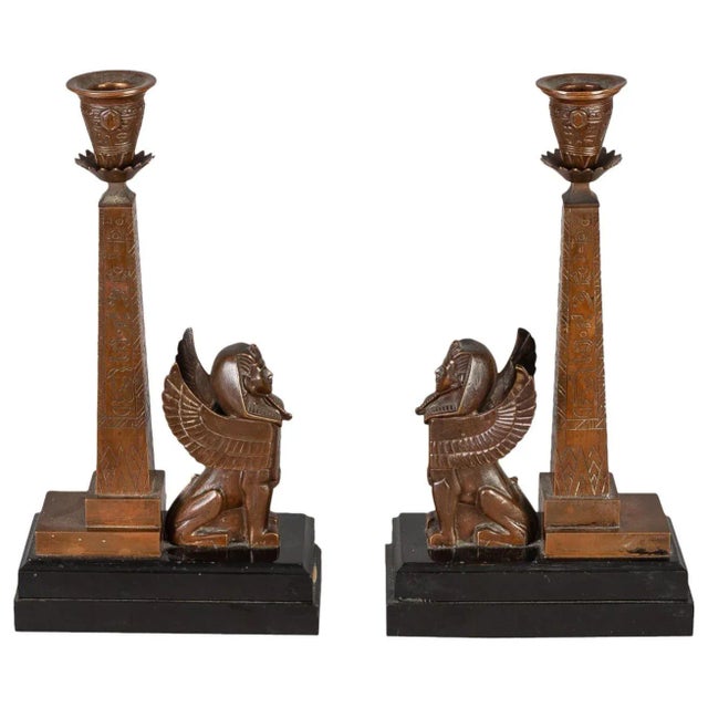 Antique English Egyptian Revival Candlesticks - a Pair For Sale - Image 9 of 9