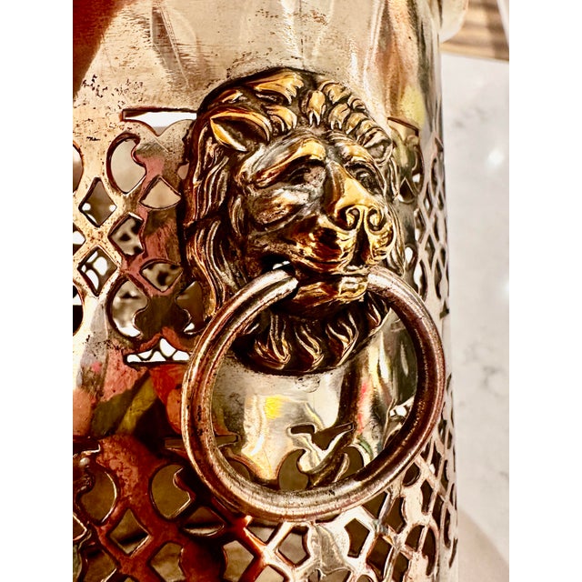Antique Silver Plate Pierced Wine Bottle Holder With Lion and Ring Handles For Sale - Image 11 of 11