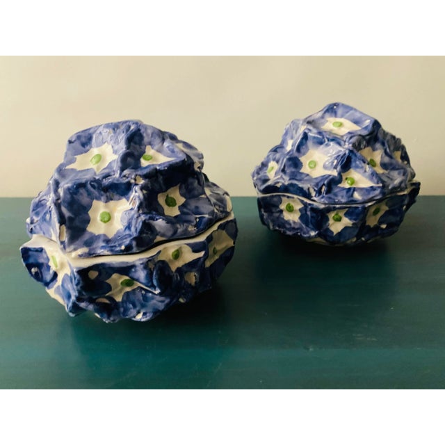 Vintage blue and white Majolica round Italian boxes. Very rare design a beautiful set.
