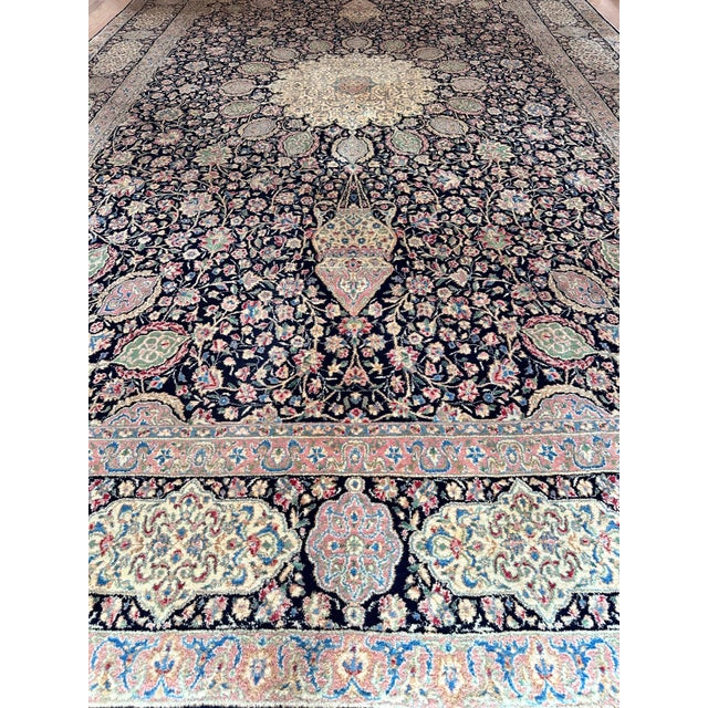 Semi-Antique Kerman Carpet, Handmade Persian Wool Rug, Navy, Ivory, Blue, Pink For Sale In New York - Image 6 of 18