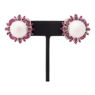 Modernist 18k White Gold Diamond Ruby Pearl Earrings For Sale