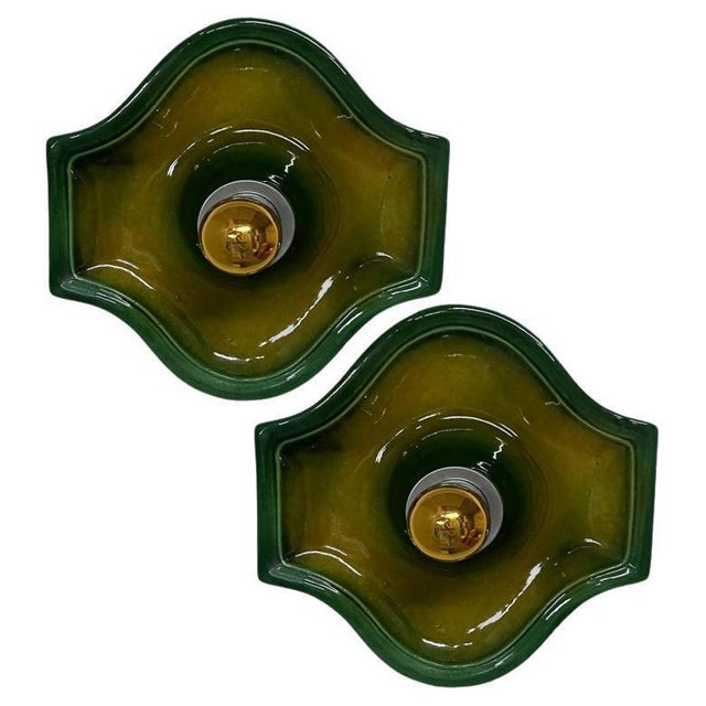 Bell-Shaped Green Ceramic Wall Lights attributed to Hustadt Keramik, Germany, 1970s For Sale - Image 12 of 12
