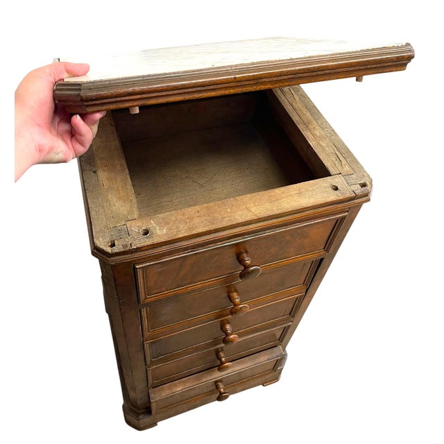 Brown Antique Style Marble Top Bedside Chest With Drop Front Cabinet For Sale - Image 8 of 10
