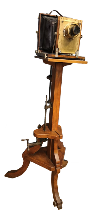 Studio Camera with Original Wooden Stand and Other Accessories, Late 19th Century, Set of 5