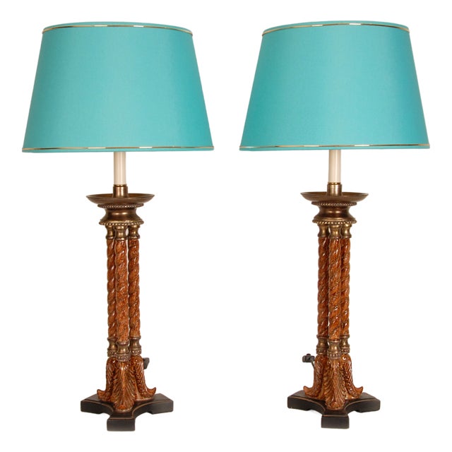 Vintage Italian Neoclassical Column Lamps in Turned Burl Wood, 1980s, Set of 2 For Sale