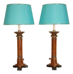 Vintage Italian Neoclassical Column Lamps in Turned Burl Wood, 1980s, Set of 2
