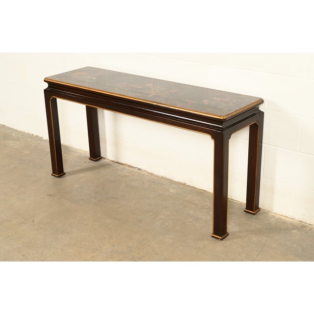 Henredon Hollywood Regency Chinoiserie Mahogany Hand-Painted Console Table With Bird Motif | Circa 1980s For Sale In South Bend - Image 6 of 16