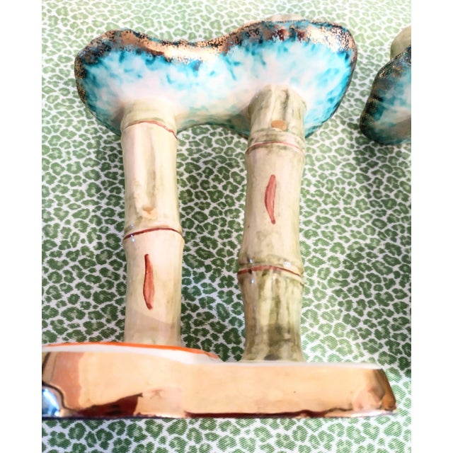Traditional Vintage Italian Colorful Ceramic Faux Bamboo Double Stalk Green Orange Candle Stick Holders- a Pair For Sale - Image 3 of 9
