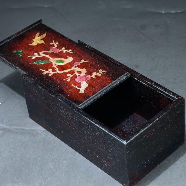Brown Rosewood & Mother-of-Pearl Inlay Jewelry Box – Magpie & Plum Blossom Motif For Sale - Image 8 of 10
