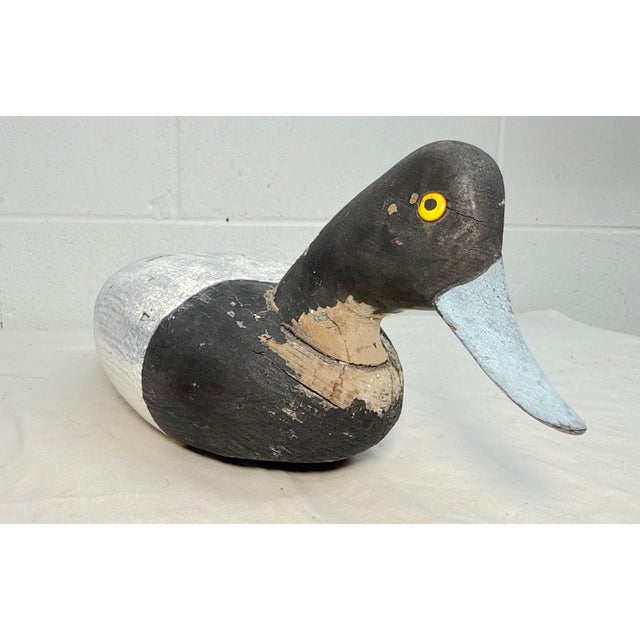 Antique Hand Carved Wood Folk Art Bluebill Drake Duck Decoy Bird Sculpture For Sale - Image 10 of 12
