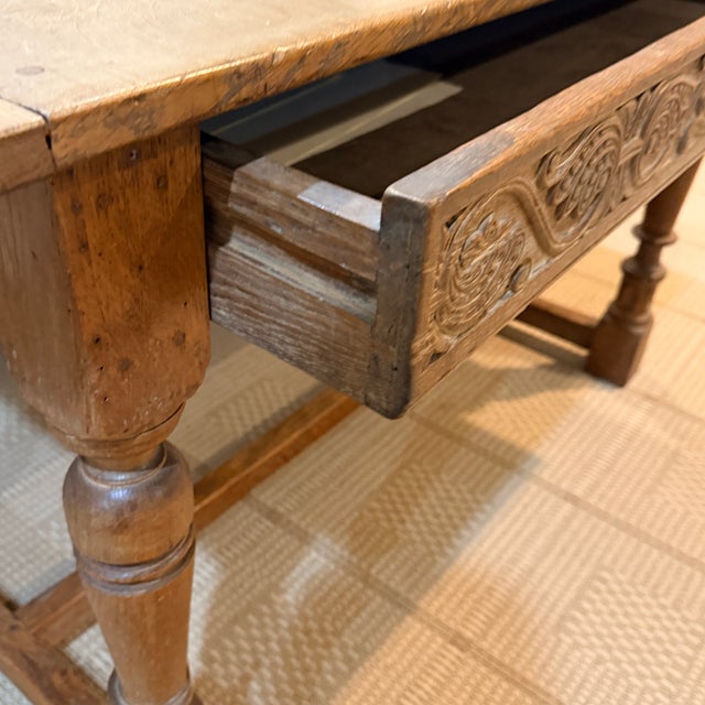 Brown Antique Writing Desk With Carved Drawer For Sale - Image 8 of 13