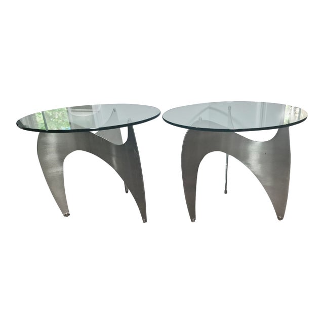 1960s Aluminum Propeller Glass Coffee Table Attributed to Knut Hesterberg Mid Century ~ Pair W/Beveled Glass Tops For Sale