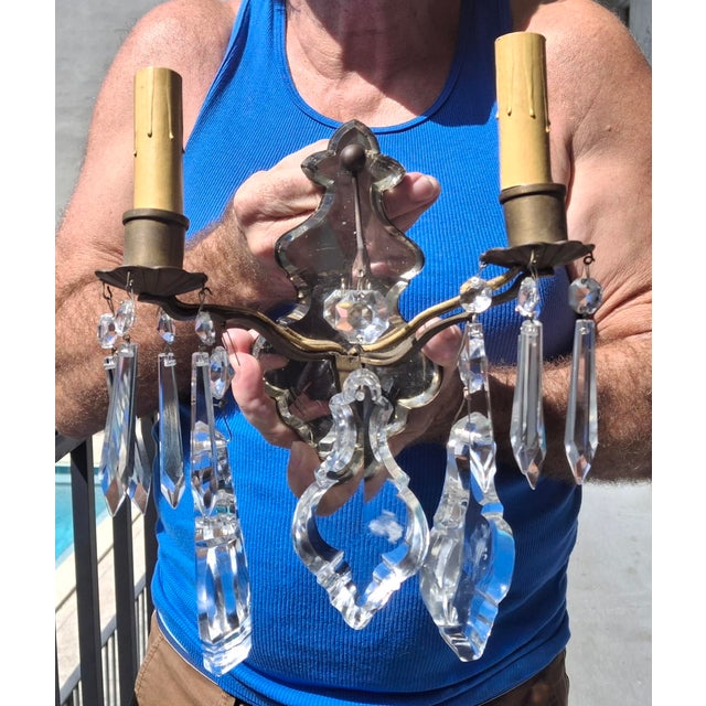 C1900 French Louis XV Bronze Mirror Back Thick Crystal Pendalogue Sconces Signed Ef Caldwell a - Pair For Sale - Image 9 of 18