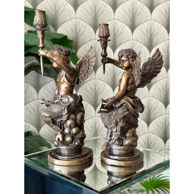 Metal Antique Art Nouveau Brass Bronze Cherub Cupid Angel Candlestick Holder Sculptures - A Pair For Sale - Image 7 of 18
