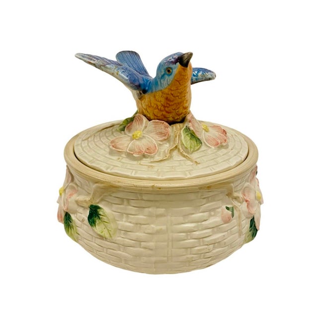 Vintage (1990) Fitz and Floyd Bluebird Dogwood Basket Weave Ceramic Lidded Dish. Made in Taiwan. Preowned condition. Dish...