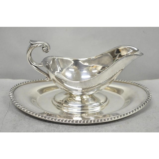 Vintage Crescent Victorian Silver Plated Gravy Sauce Boat on Attached Dish Plate. Circa Mid 20th Century. Measurements:...