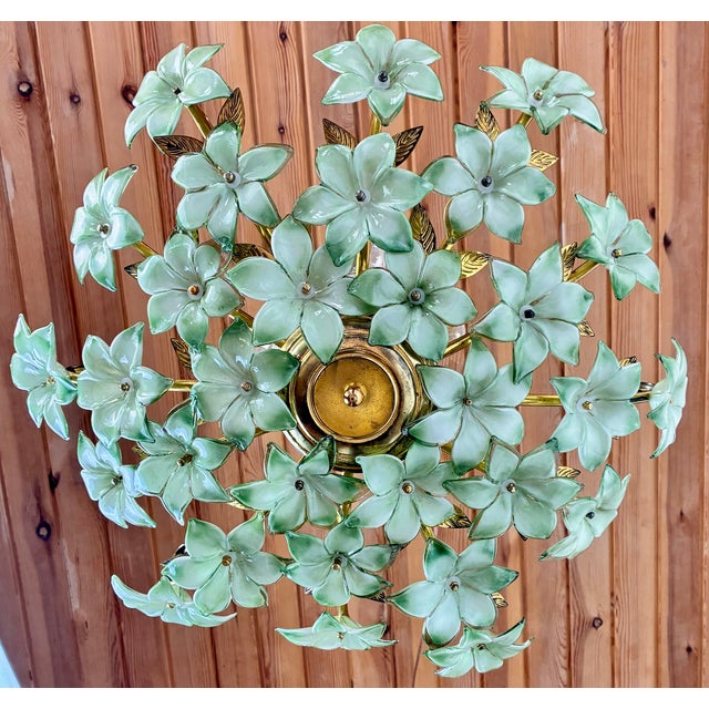 Art Deco 1970s Vintage Murano Style Hand-Painted Green Glass Floral Flush Mount Chandelier⁠ For Sale - Image 3 of 18