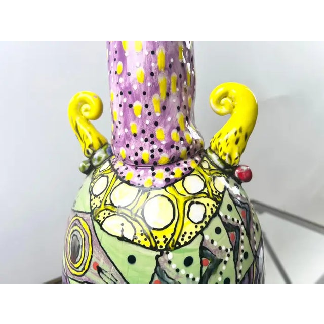Abstract Studio Multi-Color Hand Painted Ceramic Vase Signed & Dated 1999 For Sale - Image 11 of 17