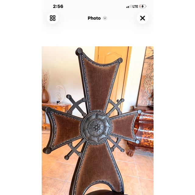 Brown Iron Cross Gothic Accent Chair in Brown Velvet and Leather With Nailhead Trim For Sale - Image 8 of 8