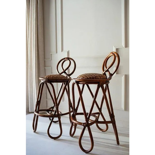 Late 20th Century Vintage Bent Bamboo and Grass Cloth Barstools - Set of 2 in the Style of Paul Frankl For Sale - Image 9 of 13