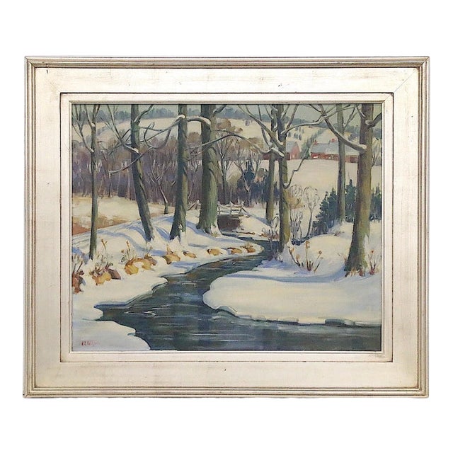 Vintage Winter Landscape-Signed Oil/Canvas-Listed American Artist Robt. Palliser-Silver Leaf Frame For Sale
