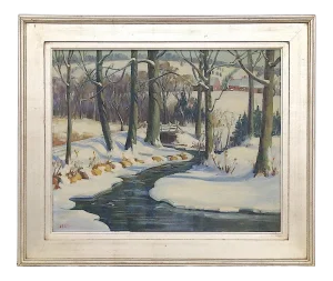 Vintage Winter Landscape-Signed Oil/Canvas-Listed American Artist Robt. Palliser-Silver Leaf Frame
