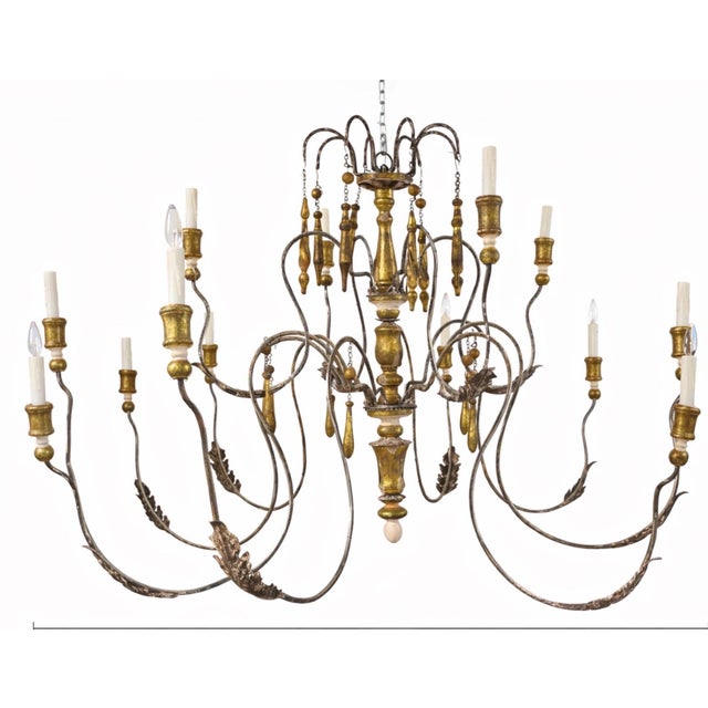 Monumental Swedish Provincial Gustavian 12-Light Iron and Parcel-Gilt Wood Chandelier, Late 18th Century, Professionally...