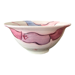 Vintage Studio Pottery Bowl 7.5 Inch Wheel Thrown Hand Painted Abstract Pink and Blue Ceramic