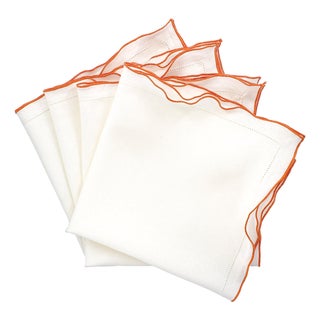White Linen Napkins With Orange Ruffled Hemstitch Edges, Set of 4 For Sale