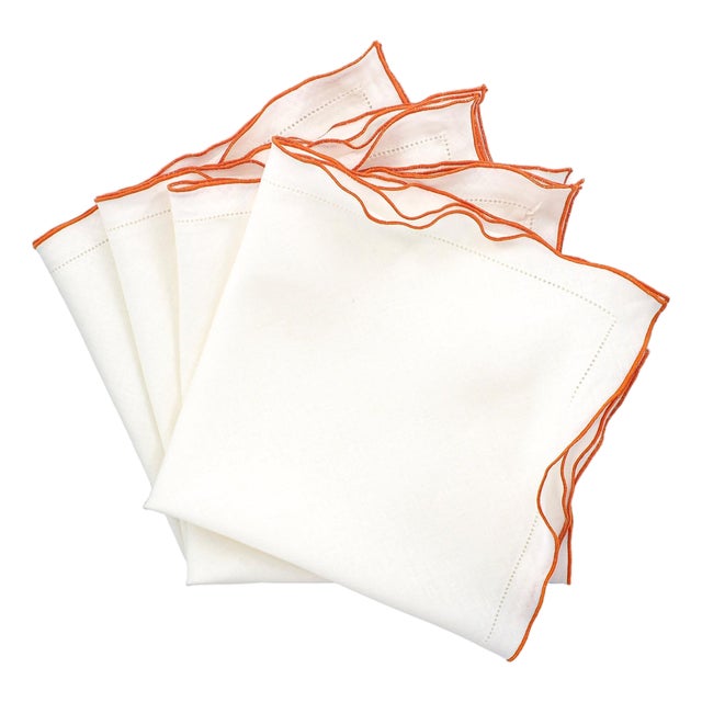 White Linen Napkins With Orange Ruffled Hemstitch Edges, Set of 4 For Sale