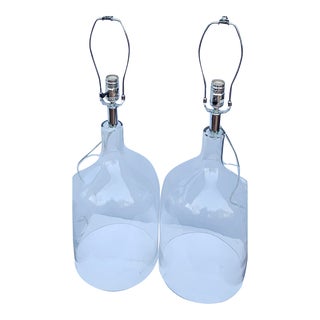 Pair of Large Clear Glass Barrel 3-Way Lamps With Woven Fabric Shades For Sale