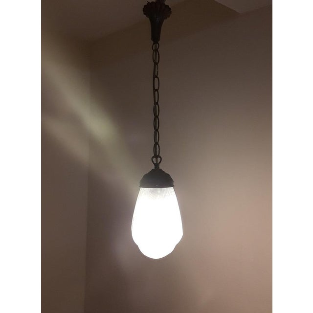 Vintage Art Deco Ceiling Lamp with Frosted Relief Glass Shade on Metal Mount, 1920s For Sale - Image 6 of 7