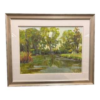 Large Custom Framed Impressionist Landscape "Pond Reflecting" by Design Works Studio For Sale