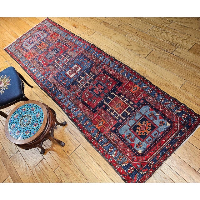 Antique Northwest Persian Runner Rug, Hand-Knotted Wool, Geometric Medallions Pattern, 3x10, Blue & Red For Sale In Chicago - Image 6 of 15