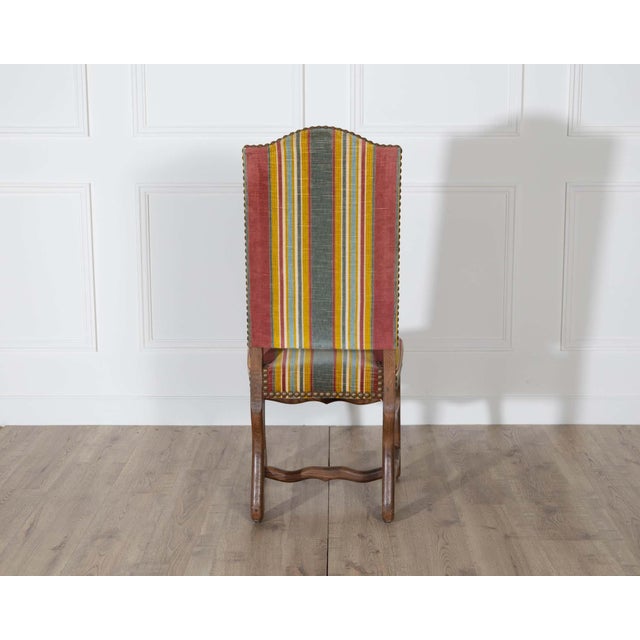 Brown Mid 20th Century Set of Six Pegged Oak Mutton-Leg Dining Chairs with Striped Upholstery For Sale - Image 8 of 9
