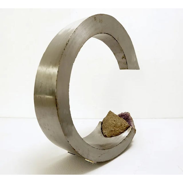 Brushed Aluminum and Amethyst Arc Sculpture For Sale - Image 3 of 10