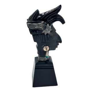 Handcrafted Taxco Mexico Obsidian & 925 Silver Mayan King Pakal Bust Sculpture For Sale