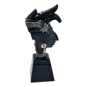 Handcrafted Taxco Mexico Obsidian & 925 Silver Mayan King Pakal Bust Sculpture