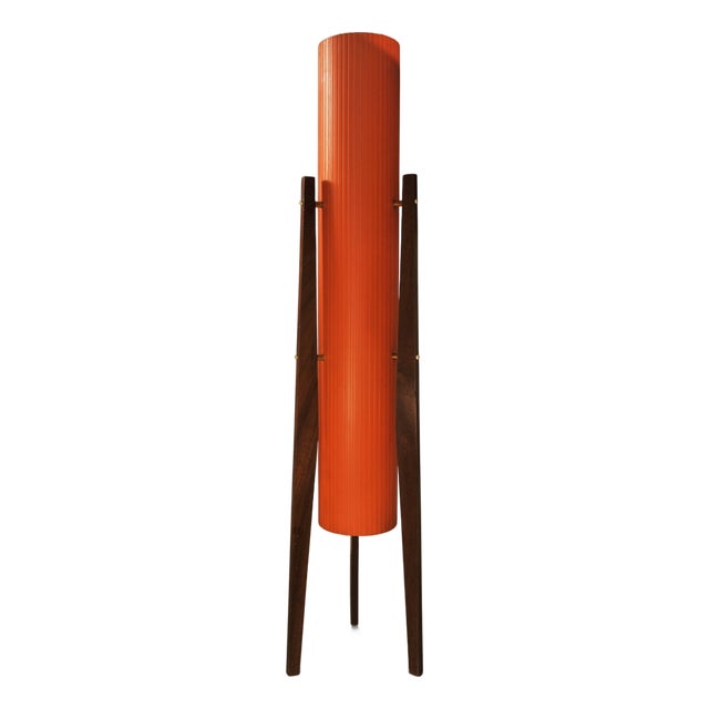 Mid-Century Modern Rocket Floor Lamp with Tripod Teak Frame by Sered Novoplast of Czechoslovakia, 1960s For Sale