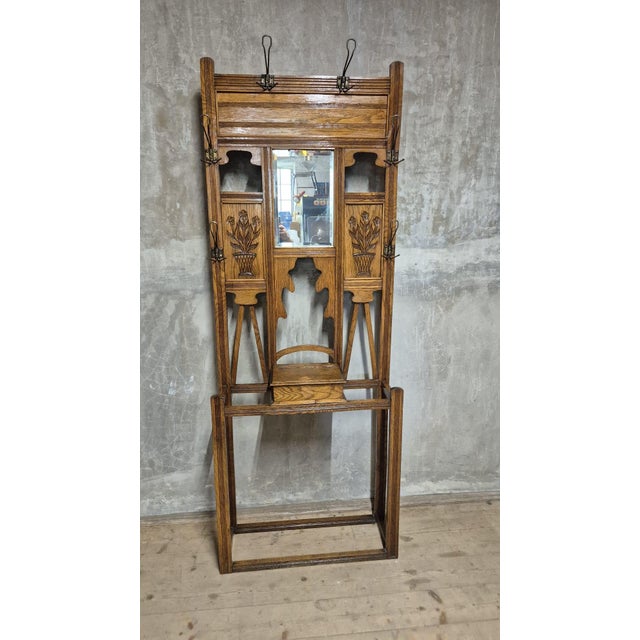 Vintage Carved Oak Hall Tree with Mirror and Coat Hooks, 1940s For Sale - Image 4 of 17