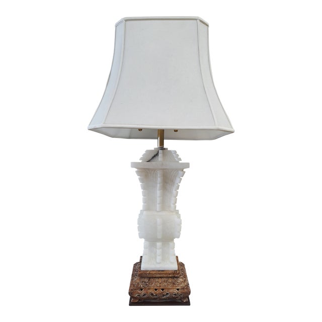 1980s Marbro Hand Carved Solid Alabaster White Lamp with Base For Sale